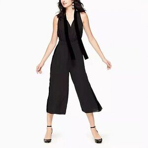 Kate Spade Black Tie Neck Jumpsuit, Cropped Wide Leg with Velvet Trim, sz 6